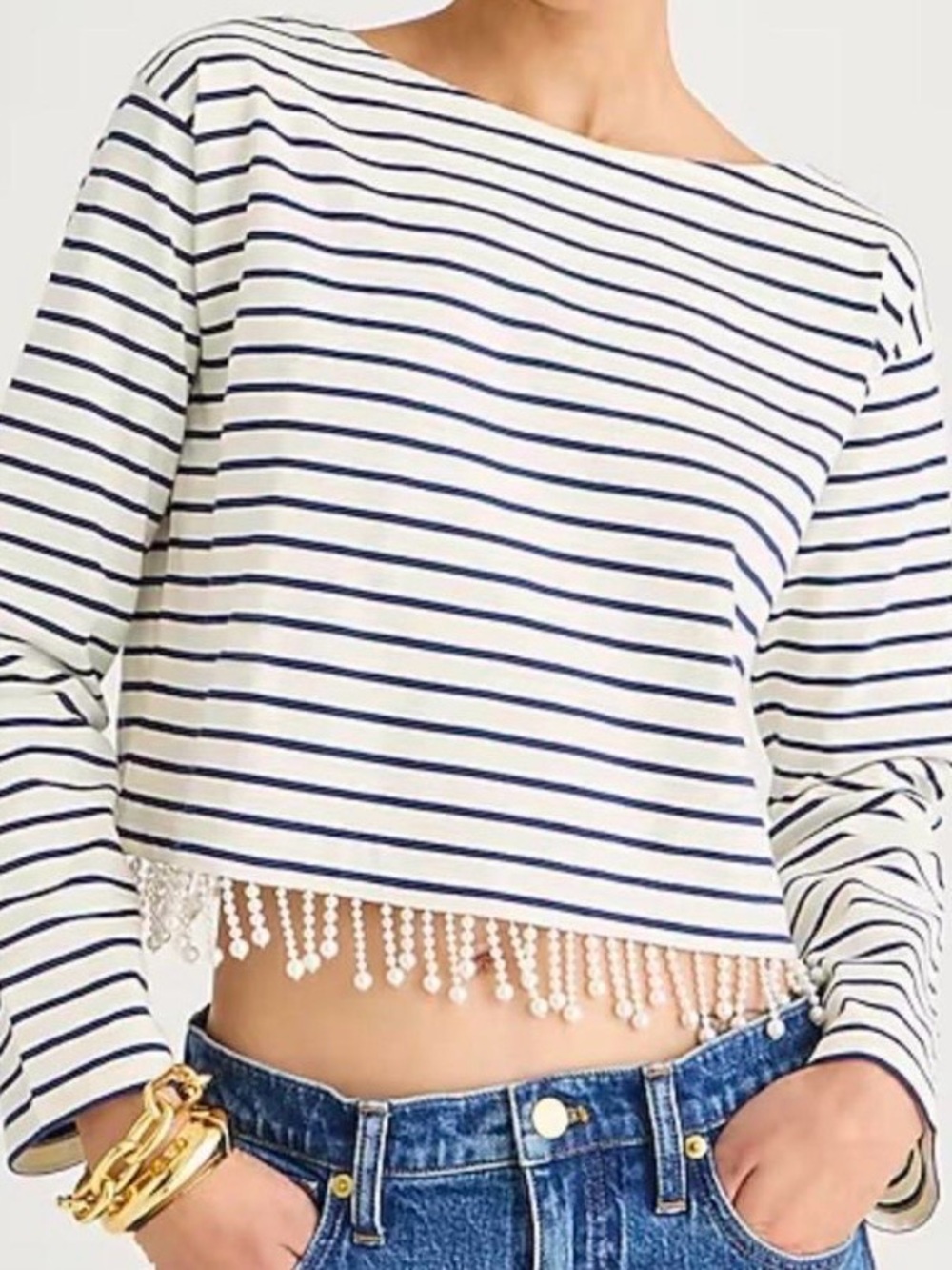 J. Crew White and Navy Striped Beaded-Fringe Crop Top